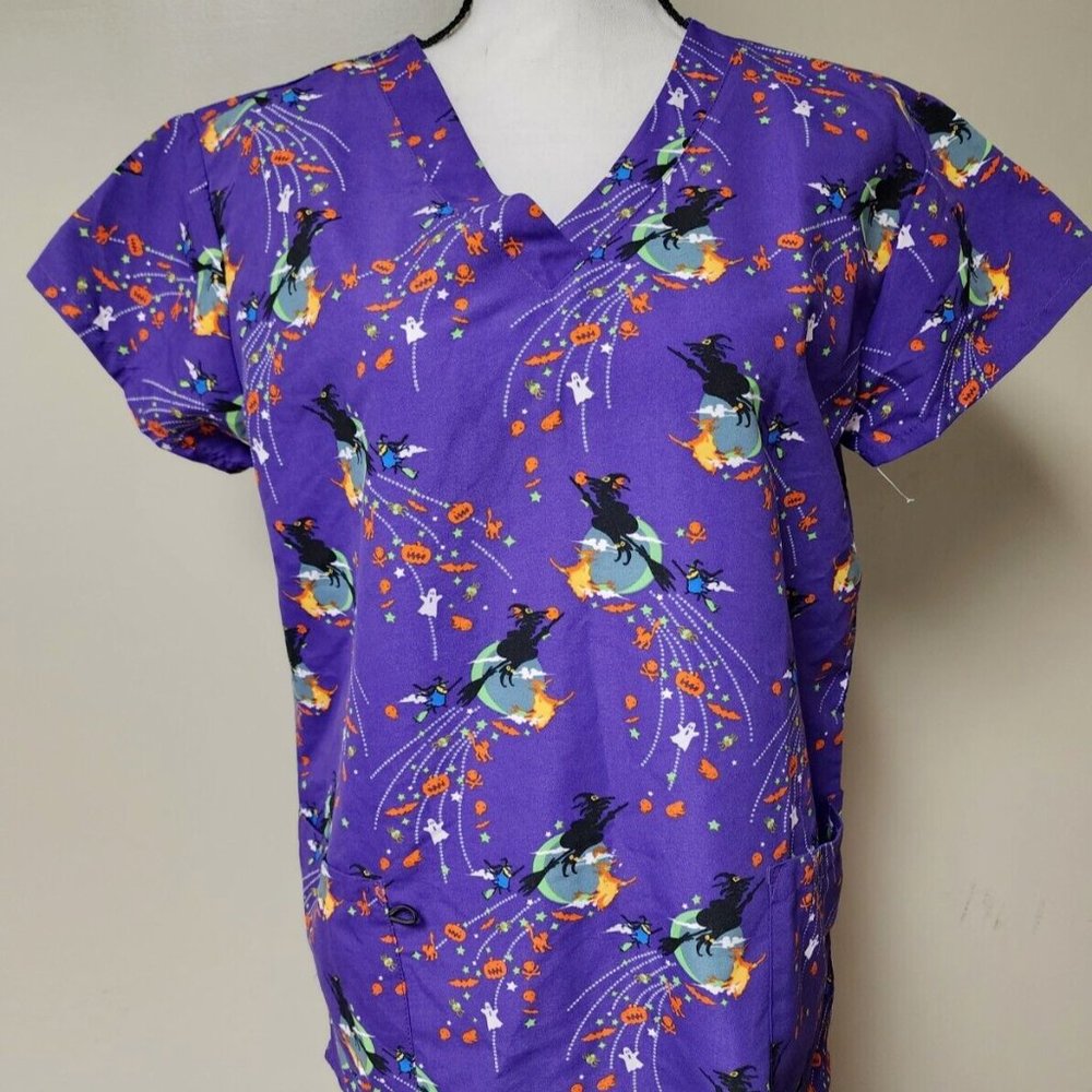 Serene Uniforms Purple Halloween Theme Scrub Top‎ Small
